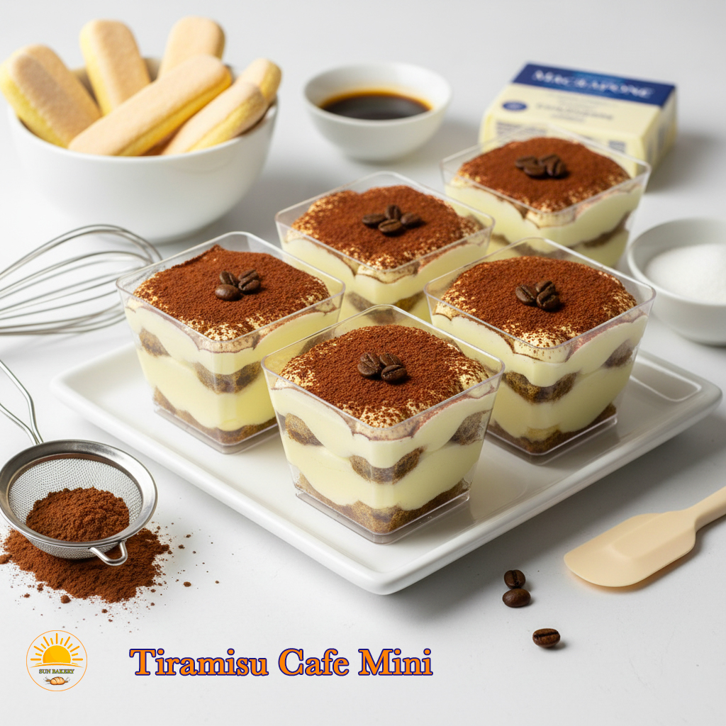 Ảnh bánh tiramisu cà phê mini với lớp kem mịn, phủ bột cacao và hương vị cà phê đặc trưng, thích hợp cho tea break và tráng miệng.
